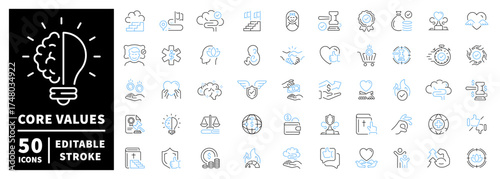 Core values icons set. editable line icons, outline, ethics and principles graphics