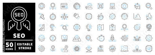 Seo and marketing icons set . editable line icons, outline, digital strategy symbols