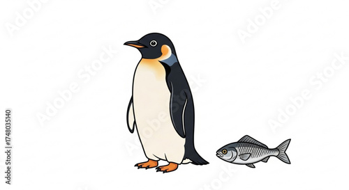 An illustration of an emperor penguin standing next to a fish, showcasing wildlife and marine life in a simple design