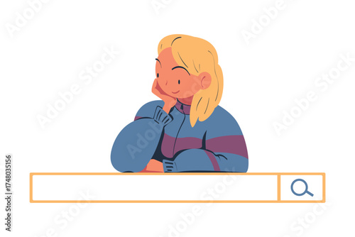 Woman Character Looking for Information in Search Field Bar Vector Illustration