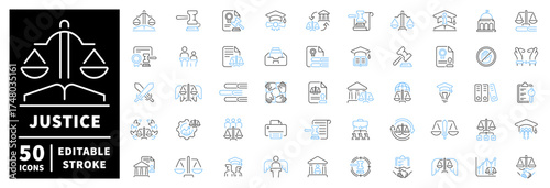 Justice and law icons set. editable line, linear symbols for legal services