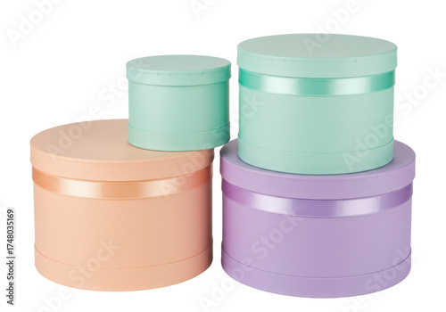Foto Isolated pastel hat boxes stack for flowers or gifts, lavender, green, peach, no