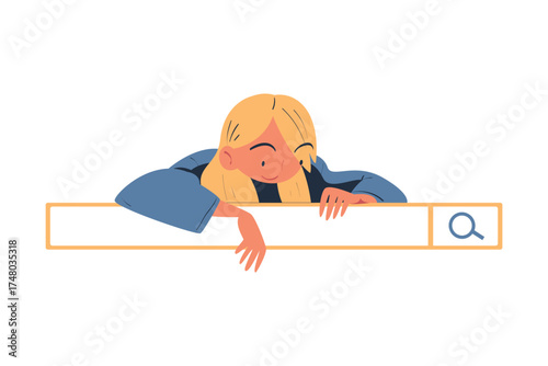 Woman Character Looking for Information in Search Field Bar Vector Illustration