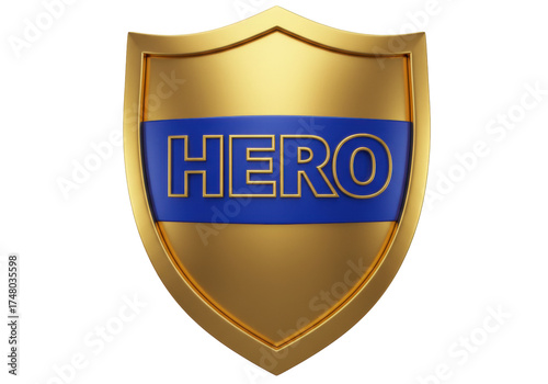 Isolated golden shield with the word HERO on a blue banner across the center, a 3D rendering