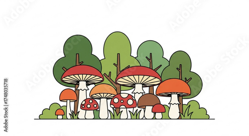 A whimsical illustration showcasing a variety of mushrooms in vibrant red, orange, and brown hues, set against a backdrop of lush green trees