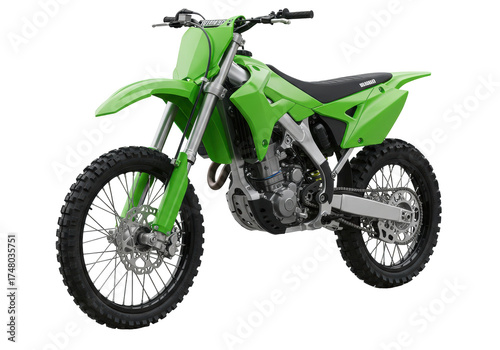 Isolated motocross bike for racing, a green motorcycle, and dirt bike suitable for off-road action