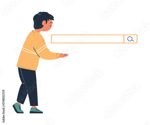 Man Character Looking for Information in Search Field Bar Vector Illustration