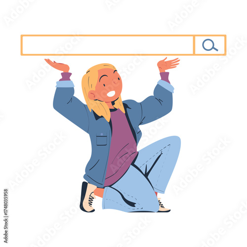 Woman Character Looking for Information in Search Field Bar Vector Illustration