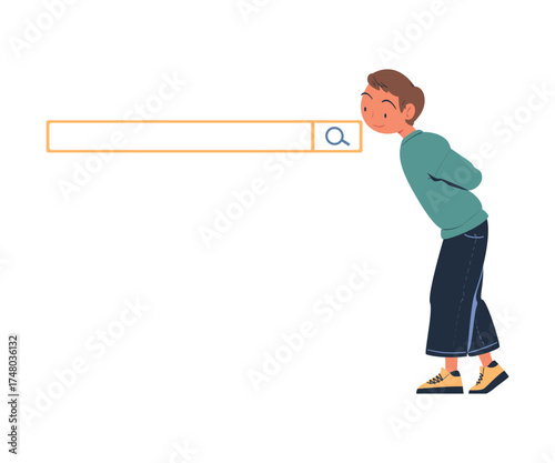 Man Character Looking for Information in Search Field Bar Vector Illustration
