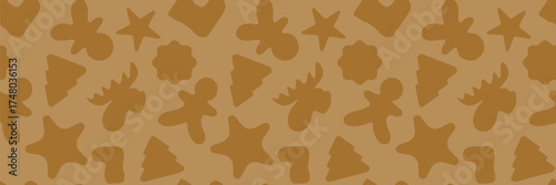 Cozy vector seamless gingerbread cookie silhouette pattern featuring shapes of a gingerbread man, moose, tree, and star in a monochromatic brown palette.