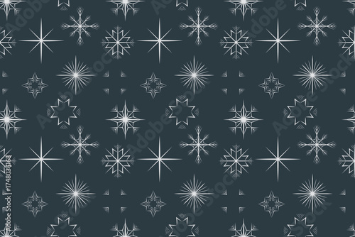 Elegant vector seamless pattern featuring dense, scattered geometric snowflakes and spiky starbursts in white on a deep navy blue background, ideal for sophisticated winter and holiday design.