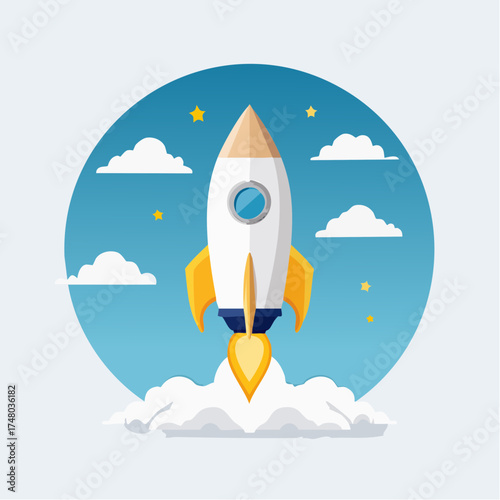 A cartoon rocket launching into a blue sky with clouds and stars, representing a startup or space exploration.