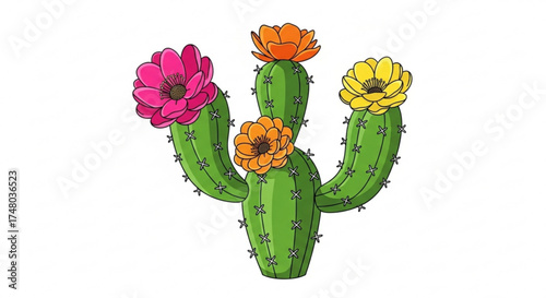 Illustration of a flowering cactus the cactus has four arms and is adorned with pink, yellow, and orange flowers in full bloom