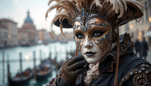 Elegant Masked Figure Dressed for a Venetian Carnival With Intricate Details on a Canal in the Background During Dusk
