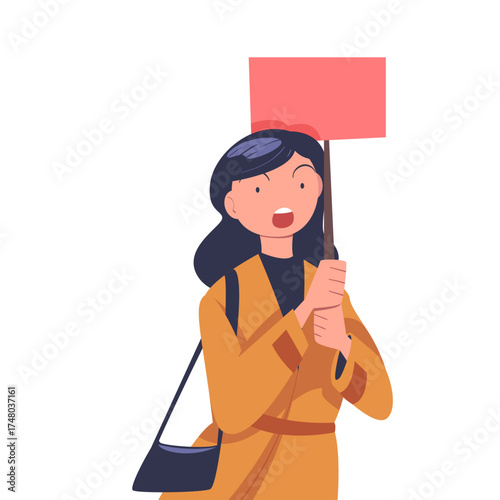 Woman Worker Protesting Participate in Public Demonstration and Rally Hold Banner Vector Illustration