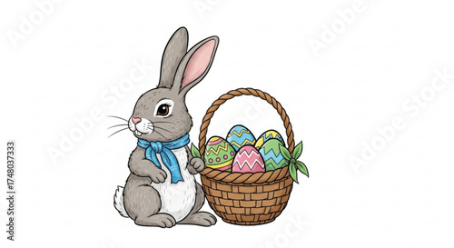 A charming easter bunny with a blue scarf stands beside a basket full of colorful easter eggs, a symbol of spring
