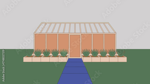Illustration of a greenhouse with plants in planters and a blue walkway on a green lawn area