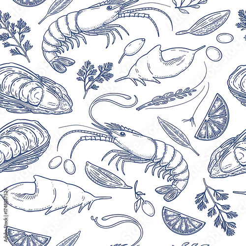 A seamless pattern of hand-drawn seafood with shrimps, oysters, herbs, and lemon slices
