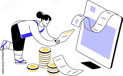 Woman managing finances online with laptop coins and computer screen