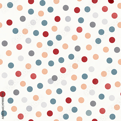 A vibrant and playful seamless wallpaper pattern with scattered polka dots in shades of red, blue, and cream