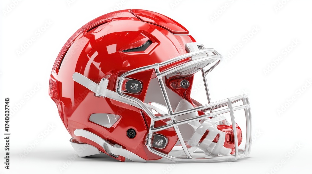 Fototapeta premium A detailed view of a shiny red American football helmet with white trim and a silver metal face guard. The helmet is presented against a clean white backdrop.
