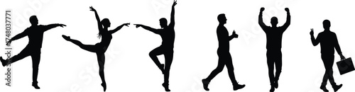 Diverse group of full-length silhouettes showcasing various actions, including elegant dancers, dynamic walking poses, and victorious gestures, perfect for illustrating movement