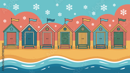 Colorful beach huts on the sand with flags and snowflakes in the sky in a cartoon style illustration