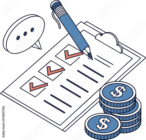Financial planning success checklist with coins and pen symbolizing achievement