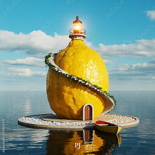 Lemon lighthouse on water with boat and path, surreal concept, nature, sunny, unique, bright
