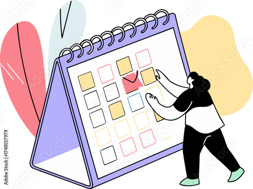 Person organizing and planning daily tasks on a desk calendar with sticky notes