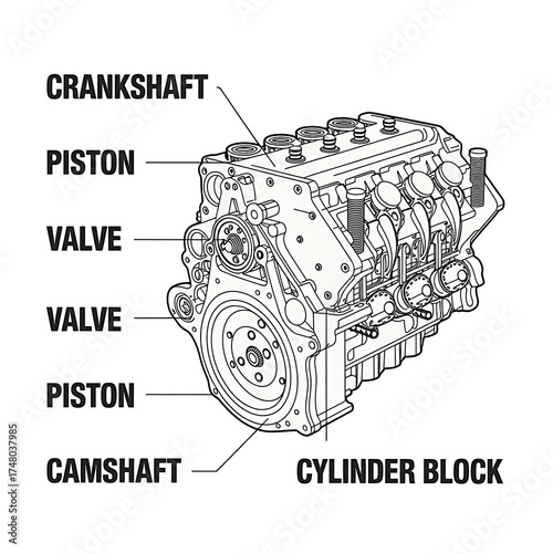 Detailed technical illustration of a V8 engine, showcasing key components and internal workings clearly