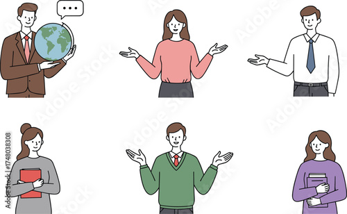 Diverse people presenting global ideas, business communication concept, male and female character illustrations with gestures, holding books, globe and talking symbol for education