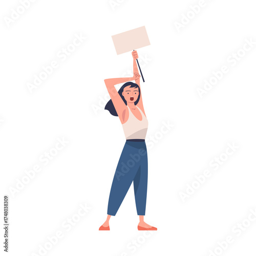 Woman Worker Protesting Participate in Public Demonstration and Rally Hold Banner Vector Illustration