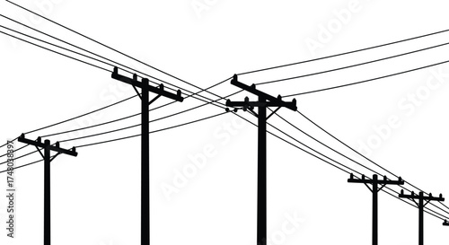 Utility poles, power lines, electricity distribution, urban infrastructure, energy grid, telecommunication cables, industrial network, electrical engineering, silhouette poles, city power