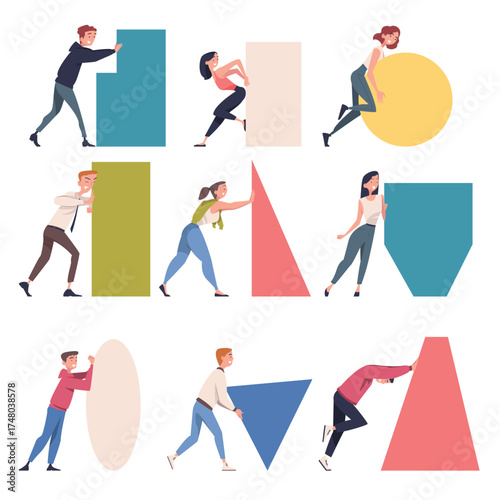 People Character Pushing Figures and Big Shape Vector Set
