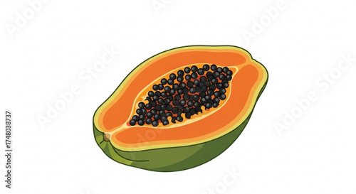 A vibrant papaya half sits against a white backdrop, showcasing its orange flesh and black seeds, a tropical delight
