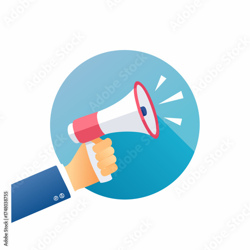 A businessman's hand holding a red and white megaphone for an important announcement.