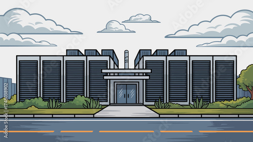 A cartoon illustration of a large building with a road and cloudy sky in the background view from street