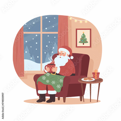 Cozy Santa Claus Relaxing at Home by Snowy Window with Hot Drink and Christmas Cookies