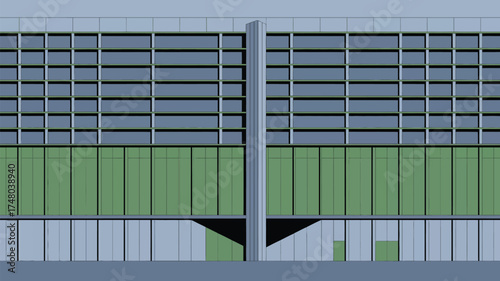 A symmetrical building facade with green and gray panels and a central dividing structure visible frontally