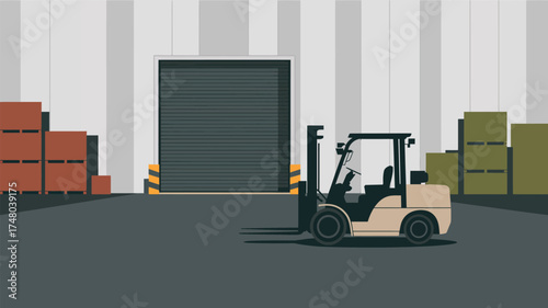 A forklift parked in front of a closed warehouse door with stacked boxes on either side of the door