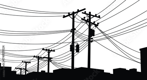 Urban cityscape silhouette, electrical utility poles, power lines network, transformers and insulators, industrial skyline, infrastructure energy grid, urban planning concept
