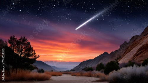 Meteor streaking across starry desert sunset sky