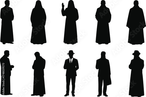 Diverse Male Figure Silhouettes: Priests, Religious Leaders, Arab Men, Businessmen, Mystery Figures, Traditional Robes, Formal Attire, Spiritual Leadership, Professionalism, Cultural Diversity