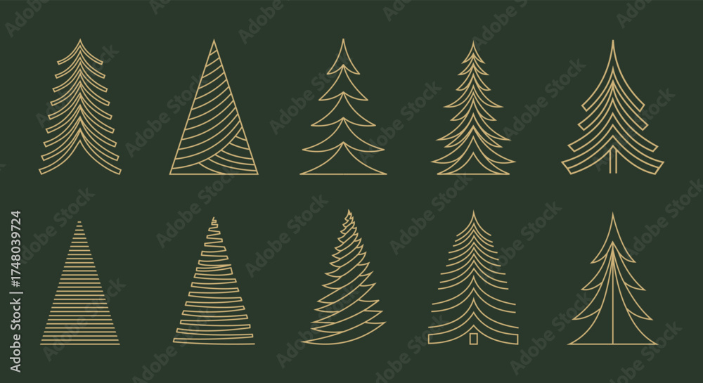 Obraz premium Christmas tree set, minimalist geometric icon, line elements