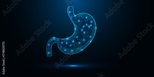 Human stomach organ, abstract 3D gastric geometric low poly wireframe design. Innovative medicine and technology. Vector illustration.