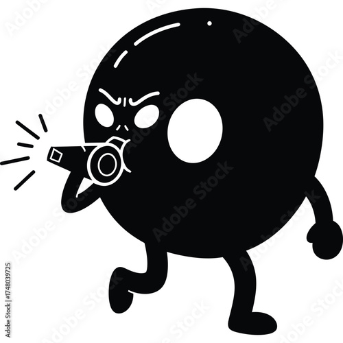 Cartoon donut character blowing a whistle, black and white illustration angry food sweet dessert pastry mascot
