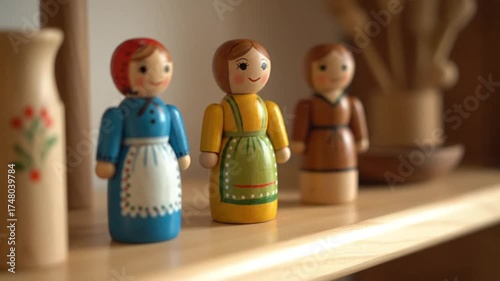 Three vintage wooden doll figures in traditional peasant dress adorn a wooden shelf