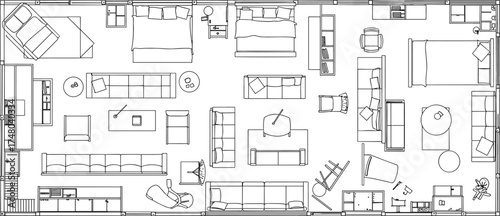  Detailed Top-View Floor Plan with Furniture Layout: Architectural Design Element, Interior Space Planning, Residential Apartment, and Hotel Room Arrangements for Blueprint, Home