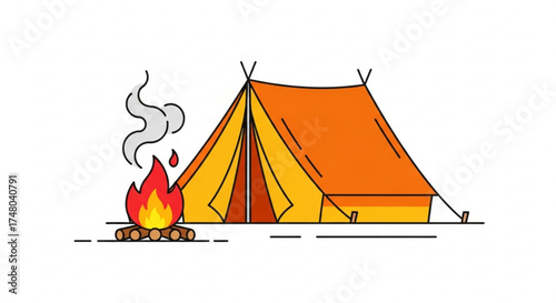 Illustration of a tent and campfire, evoking camping, adventure, and outdoor recreation in a minimalist and modern design
